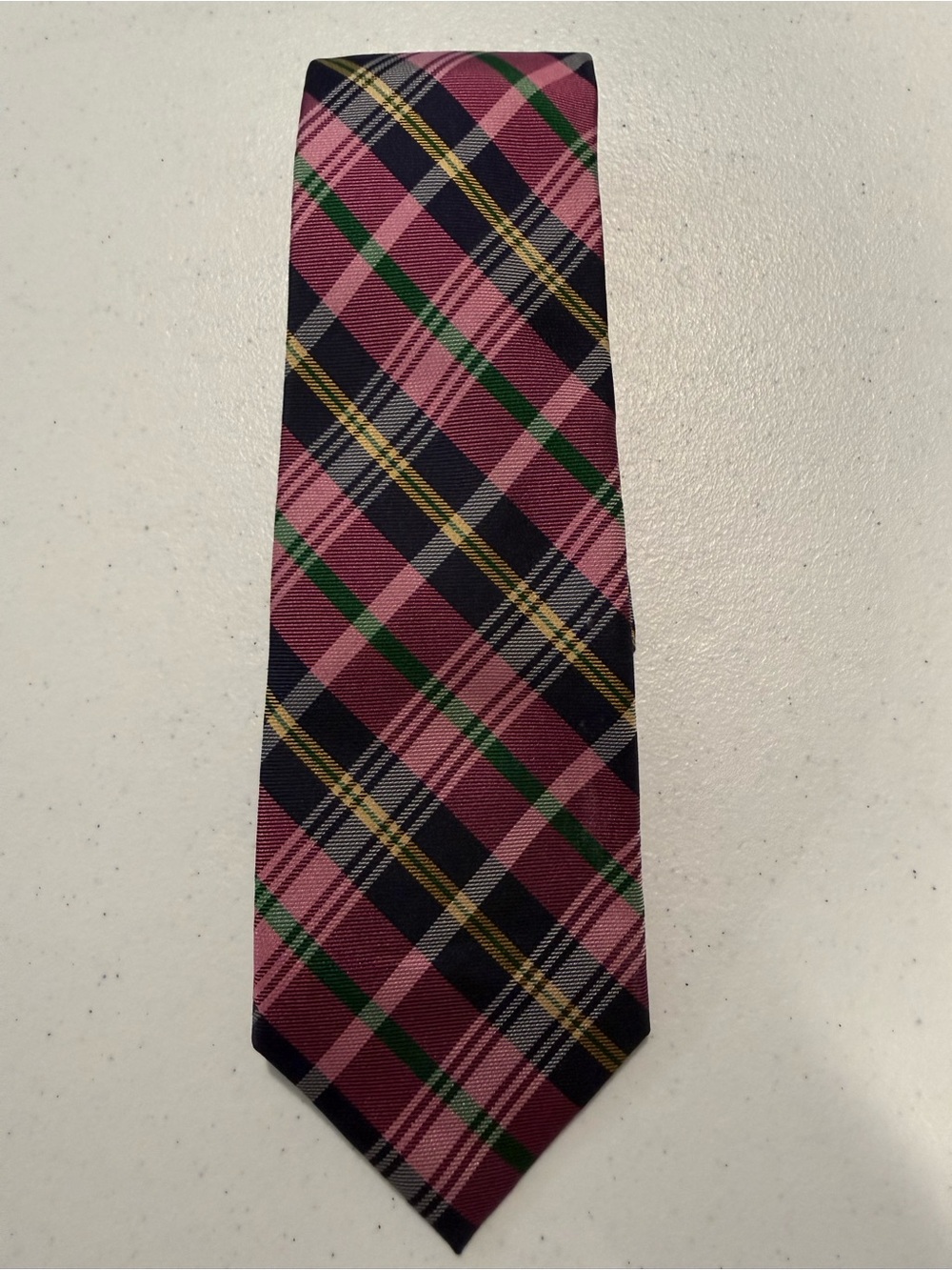 Tommy Hilfiger Pink Plaid Tie with Navy, Green & Gold Accents